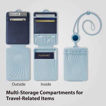 Lanyard Passport Holder, Passport Cover with Travel Gadget Set & Card Slots, Duel-Sided Passport Wallet with Leather & Premium Silicone (Blue - Lanyard)