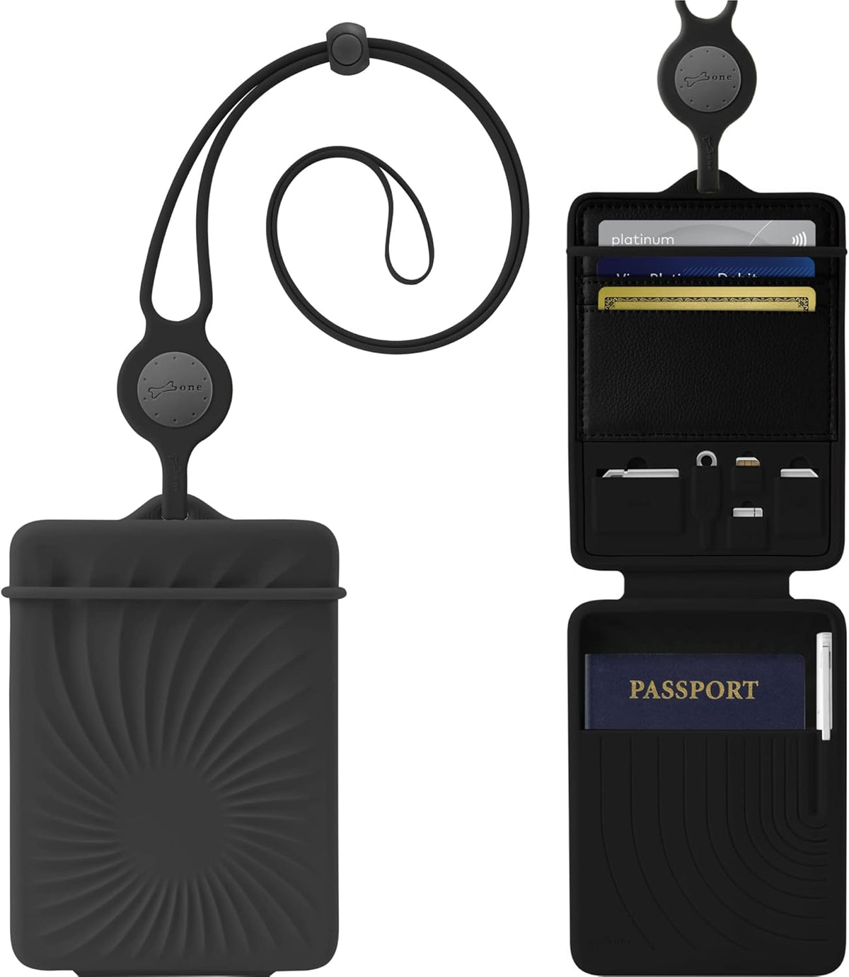 Lanyard Passport Holder, Passport Cover with Travel Gadget Set & Card Slots, Duel-Sided Passport Wallet with Leather & Premium Silicone (Blue - Lanyard)