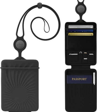 Lanyard Passport Holder, Passport Cover with Travel Gadget Set & Card Slots, Duel-Sided Passport Wallet with Leather & Premium Silicone (Blue - Lanyard)