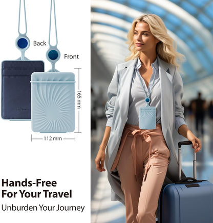 Lanyard Passport Holder, Passport Cover with Travel Gadget Set & Card Slots, Duel-Sided Passport Wallet with Leather & Premium Silicone (Blue - Lanyard)