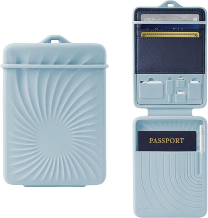 Lanyard Passport Holder, Passport Cover with Travel Gadget Set & Card Slots, Duel-Sided Passport Wallet with Leather & Premium Silicone (Blue - Lanyard)