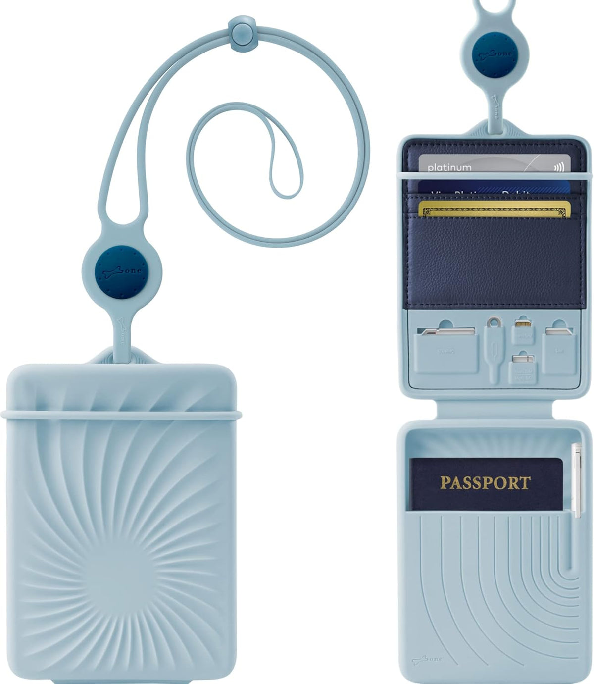 Lanyard Passport Holder, Passport Cover with Travel Gadget Set & Card Slots, Duel-Sided Passport Wallet with Leather & Premium Silicone (Blue - Lanyard)
