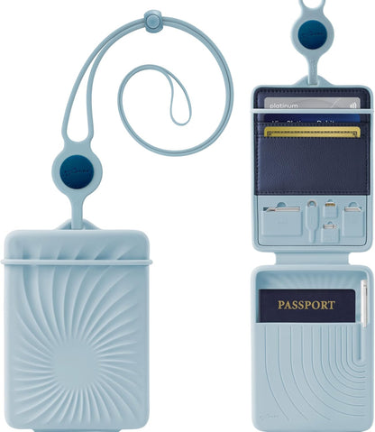 Lanyard Passport Holder, Passport Cover with Travel Gadget Set & Card Slots, Duel-Sided Passport Wallet with Leather & Premium Silicone (Blue - Lanyard)