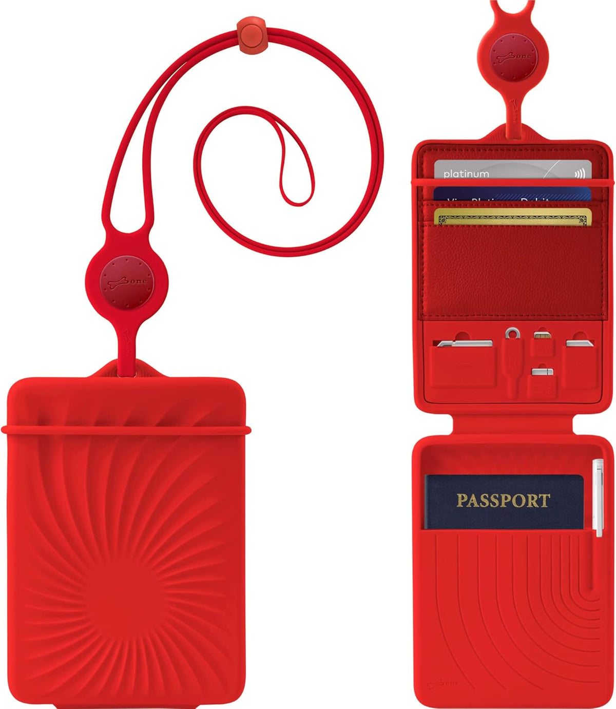 Lanyard Passport Holder, Passport Cover with Travel Gadget Set & Card Slots, Duel-Sided Passport Wallet with Leather & Premium Silicone (Blue - Lanyard)