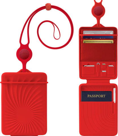 Lanyard Passport Holder, Passport Cover with Travel Gadget Set & Card Slots, Duel-Sided Passport Wallet with Leather & Premium Silicone (Blue - Lanyard)