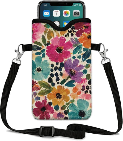 Floral Neoprene Cell Phone Sleeve Pouch Case Bag for Women Men with Crossbody Strap, 7.1x3.9 in, Shockproof Mobile Protection Case Bag with Neck Lanyard, Colorful Floral