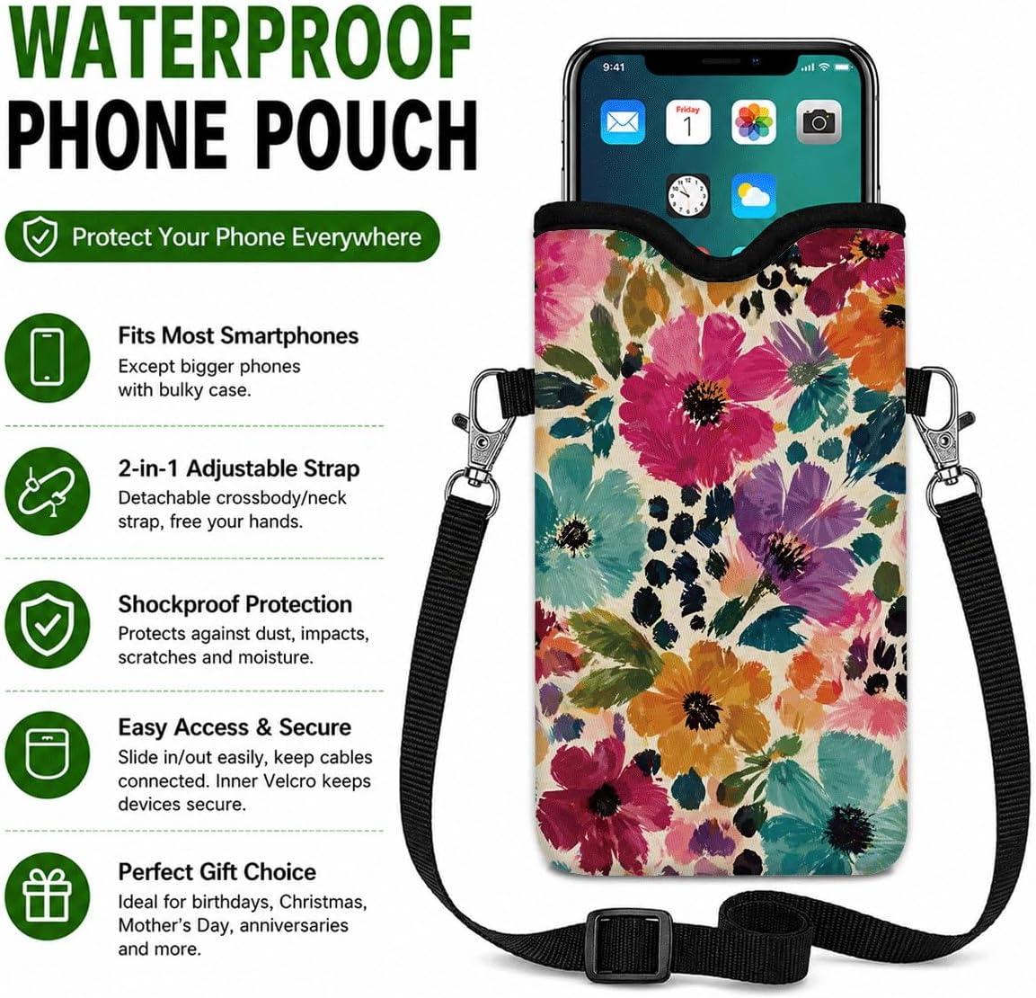 Floral Neoprene Cell Phone Sleeve Pouch Case Bag for Women Men with Crossbody Strap, 7.1x3.9 in, Shockproof Mobile Protection Case Bag with Neck Lanyard, Colorful Floral