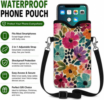 Floral Neoprene Cell Phone Sleeve Pouch Case Bag for Women Men with Crossbody Strap, 7.1x3.9 in, Shockproof Mobile Protection Case Bag with Neck Lanyard, Colorful Floral