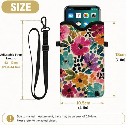 Floral Neoprene Cell Phone Sleeve Pouch Case Bag for Women Men with Crossbody Strap, 7.1x3.9 in, Shockproof Mobile Protection Case Bag with Neck Lanyard, Colorful Floral