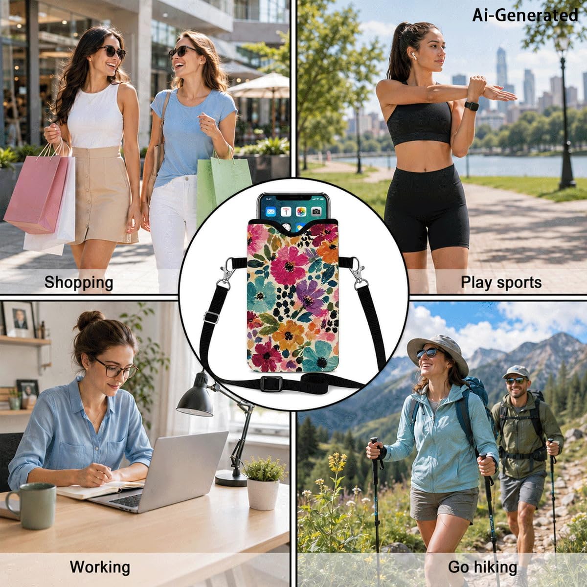 Floral Neoprene Cell Phone Sleeve Pouch Case Bag for Women Men with Crossbody Strap, 7.1x3.9 in, Shockproof Mobile Protection Case Bag with Neck Lanyard, Colorful Floral