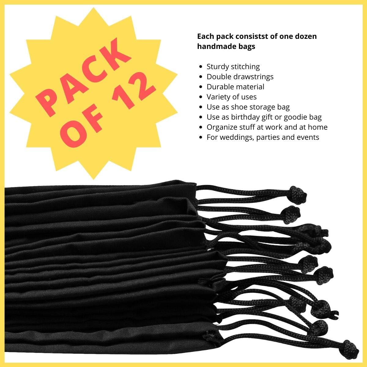 Black Cotton Drawstring Bags (10 x 15 inch - 12 pack) Reusable Washable for Shoes Storage Pantry Wardrobe Camping