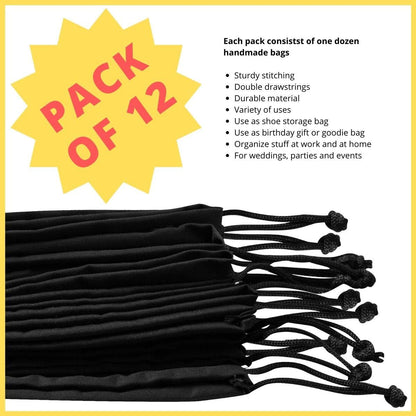 Black Cotton Drawstring Bags (10 x 15 inch - 12 pack) Reusable Washable for Shoes Storage Pantry Wardrobe Camping