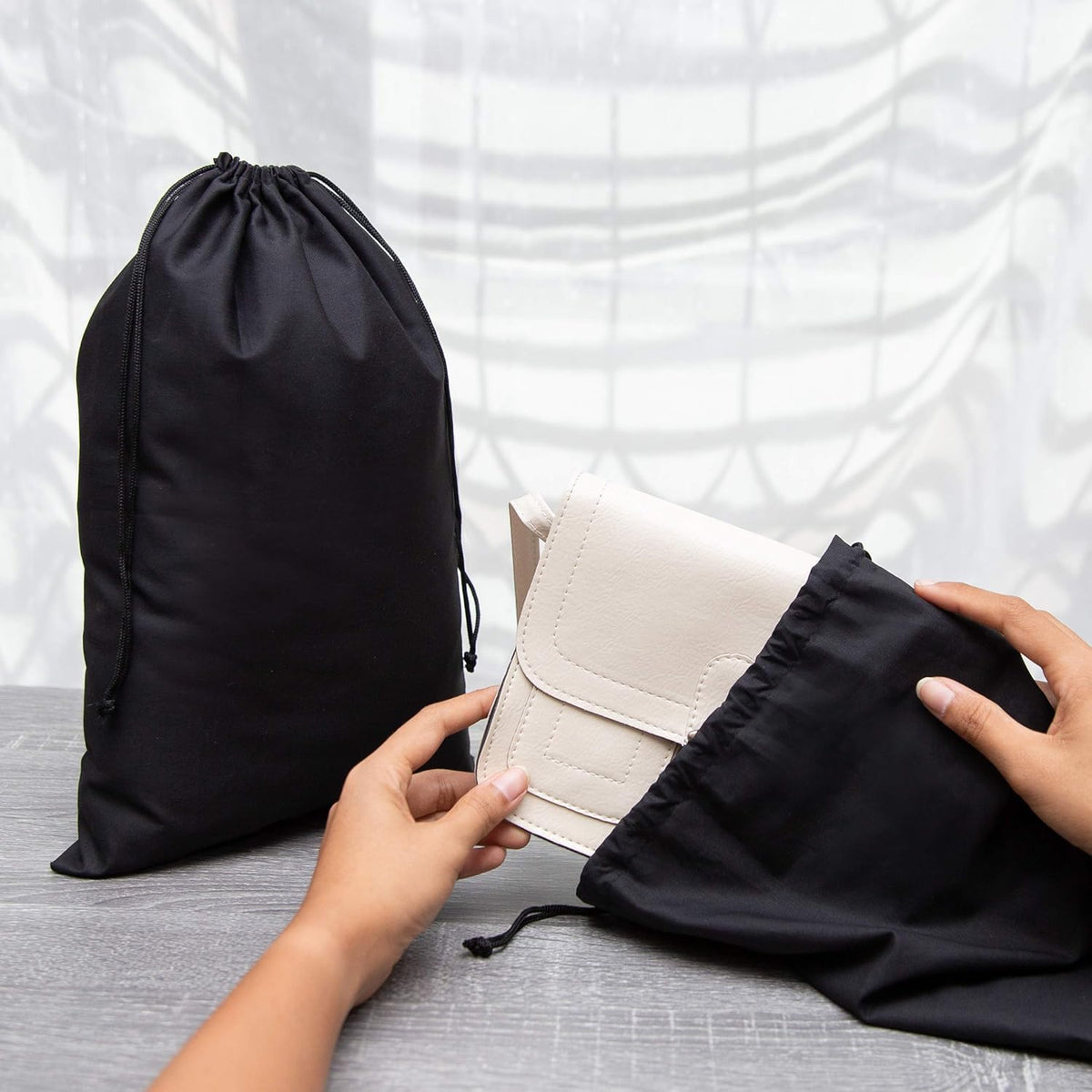 Black Cotton Drawstring Bags (10 x 15 inch - 12 pack) Reusable Washable for Shoes Storage Pantry Wardrobe Camping