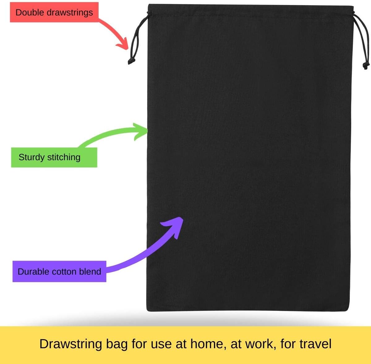 Black Cotton Drawstring Bags (10 x 15 inch - 12 pack) Reusable Washable for Shoes Storage Pantry Wardrobe Camping