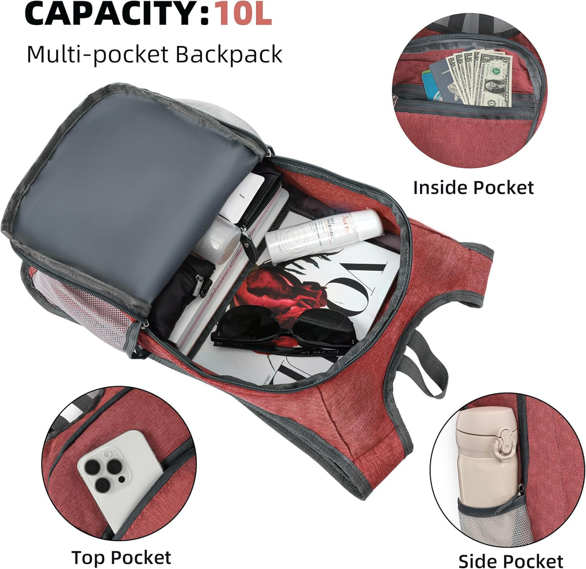 Hiking Backpack 10L Small Travel Lightweight Daypack Foldable Hiking Packable Camping Hiking Backpacks for Women Men (Black)