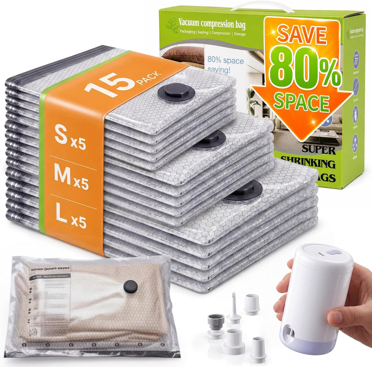 Vacuum Storage Bags with Rechargeable Electric Pump, 15 Combo - Space Saver Vacuum Storage Bags, Blanket & Clothes Storage Bag Vacuums Sealed, Bolsas Para Guardar Ropa Al Vacío
