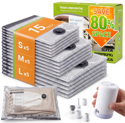 Vacuum Storage Bags with Rechargeable Electric Pump, 15 Combo - Space Saver Vacuum Storage Bags, Blanket & Clothes Storage Bag Vacuums Sealed, Bolsas Para Guardar Ropa Al Vacío