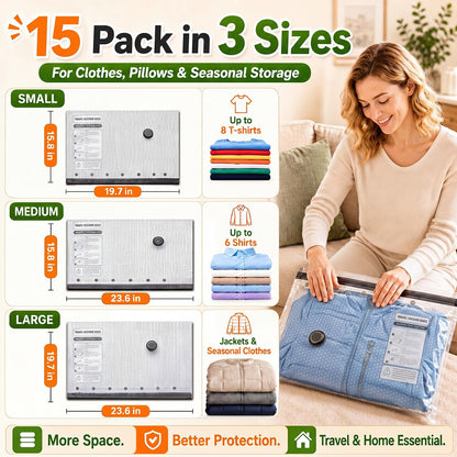 Vacuum Storage Bags with Rechargeable Electric Pump, 15 Combo - Space Saver Vacuum Storage Bags, Blanket & Clothes Storage Bag Vacuums Sealed, Bolsas Para Guardar Ropa Al Vacío