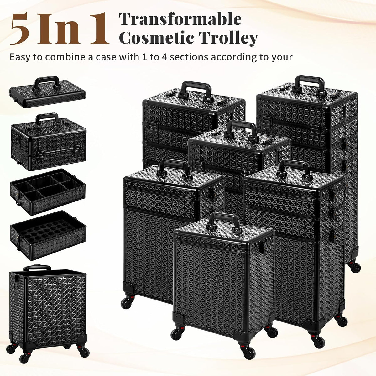 5 in 1 Rolling Makeup Train Case Cosmetology Case on Wheels Large Cosmetic Organizer Travel Cart for Hairstylist Artist Nail Beauty Salon Barber,White