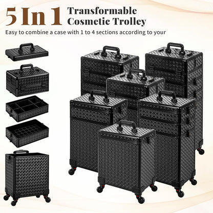 5 in 1 Rolling Makeup Train Case Cosmetology Case on Wheels Large Cosmetic Organizer Travel Cart for Hairstylist Artist Nail Beauty Salon Barber,White