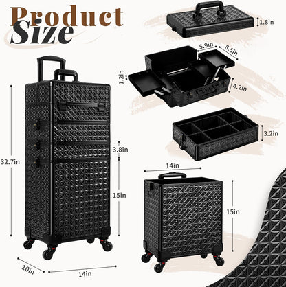5 in 1 Rolling Makeup Train Case Cosmetology Case on Wheels Large Cosmetic Organizer Travel Cart for Hairstylist Artist Nail Beauty Salon Barber,White