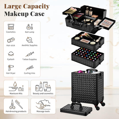 5 in 1 Rolling Makeup Train Case Cosmetology Case on Wheels Large Cosmetic Organizer Travel Cart for Hairstylist Artist Nail Beauty Salon Barber,White