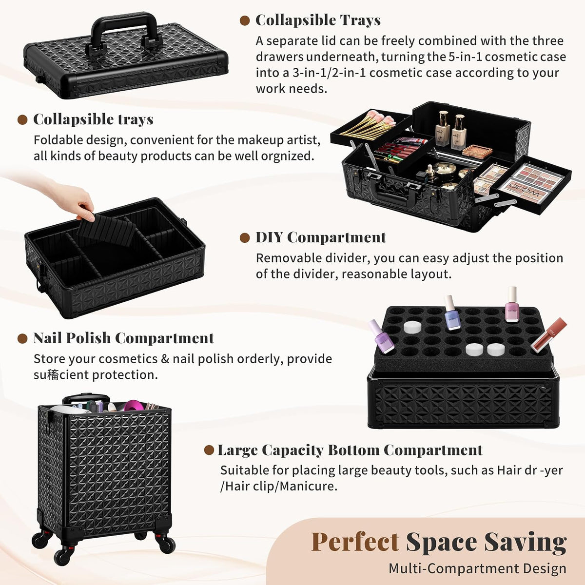 5 in 1 Rolling Makeup Train Case Cosmetology Case on Wheels Large Cosmetic Organizer Travel Cart for Hairstylist Artist Nail Beauty Salon Barber,White
