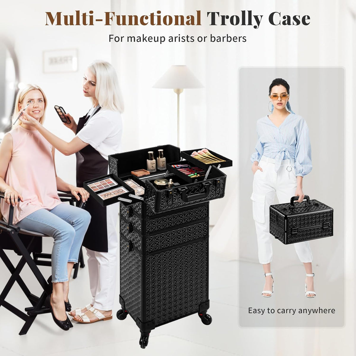 5 in 1 Rolling Makeup Train Case Cosmetology Case on Wheels Large Cosmetic Organizer Travel Cart for Hairstylist Artist Nail Beauty Salon Barber,White