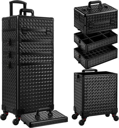 5 in 1 Rolling Makeup Train Case Cosmetology Case on Wheels Large Cosmetic Organizer Travel Cart for Hairstylist Artist Nail Beauty Salon Barber,White
