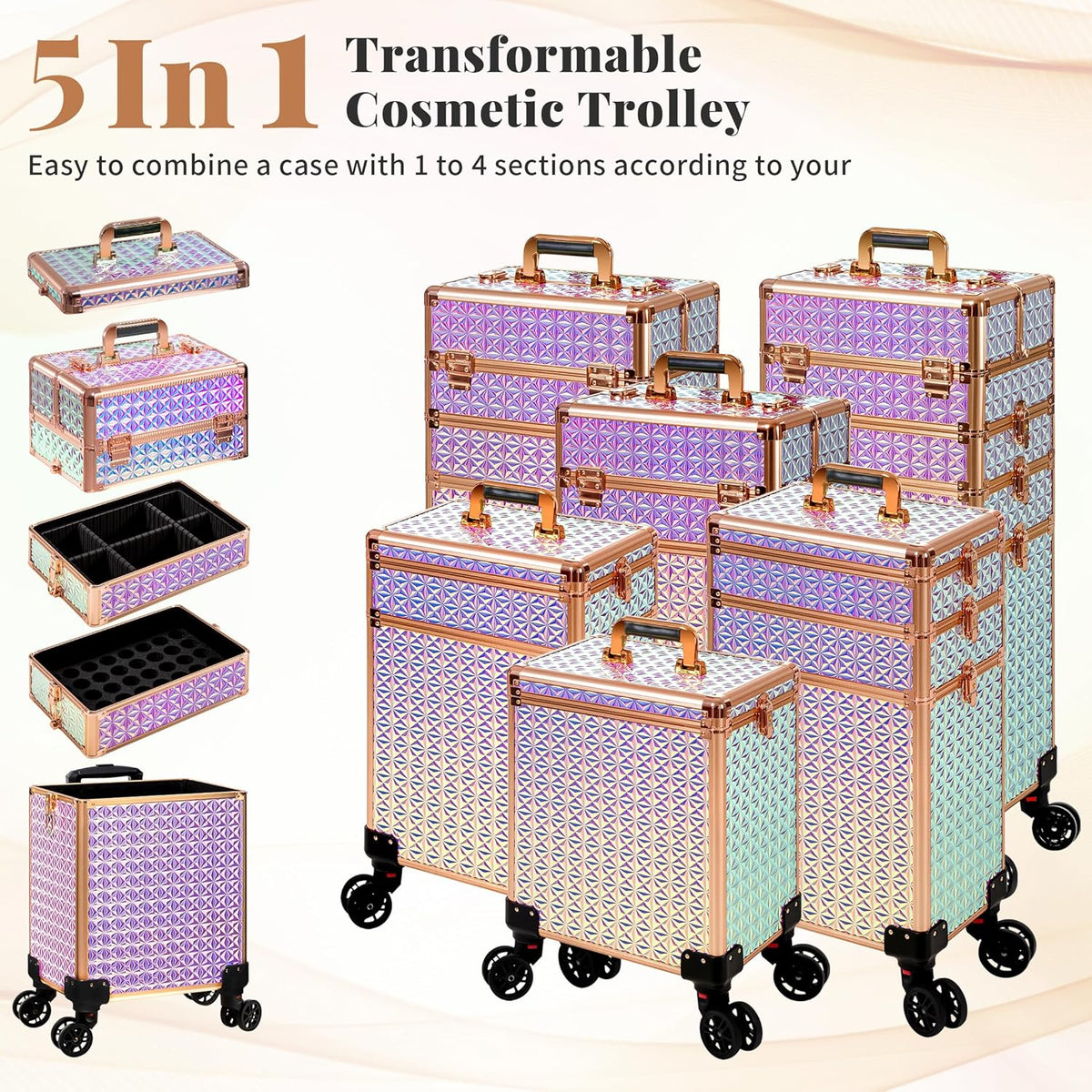 5 in 1 Rolling Makeup Train Case Cosmetology Case on Wheels Large Cosmetic Organizer Travel Cart for Hairstylist Artist Nail Beauty Salon Barber,White