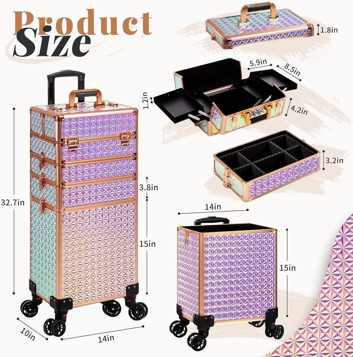 5 in 1 Rolling Makeup Train Case Cosmetology Case on Wheels Large Cosmetic Organizer Travel Cart for Hairstylist Artist Nail Beauty Salon Barber,White