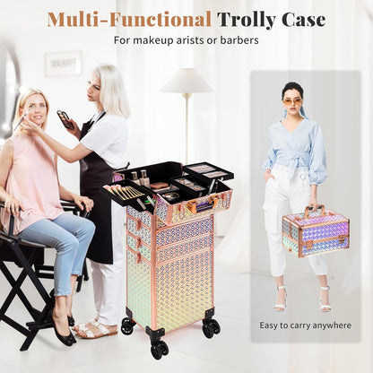 5 in 1 Rolling Makeup Train Case Cosmetology Case on Wheels Large Cosmetic Organizer Travel Cart for Hairstylist Artist Nail Beauty Salon Barber,White