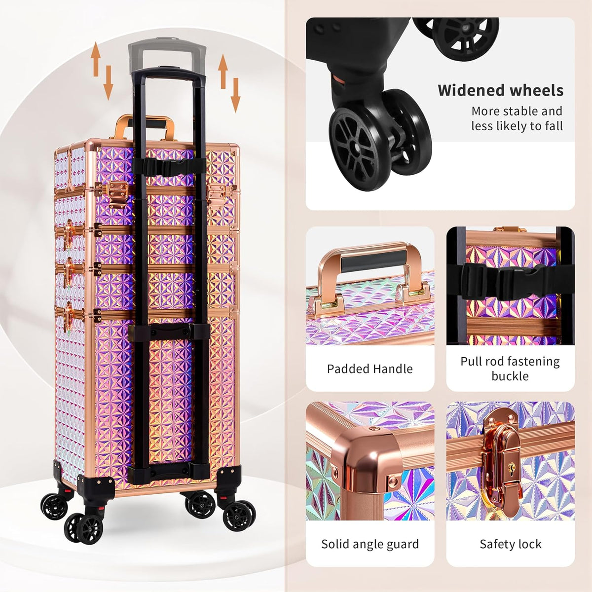 5 in 1 Rolling Makeup Train Case Cosmetology Case on Wheels Large Cosmetic Organizer Travel Cart for Hairstylist Artist Nail Beauty Salon Barber,White