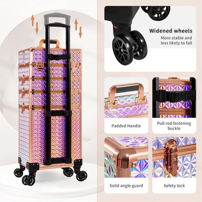 5 in 1 Rolling Makeup Train Case Cosmetology Case on Wheels Large Cosmetic Organizer Travel Cart for Hairstylist Artist Nail Beauty Salon Barber,White
