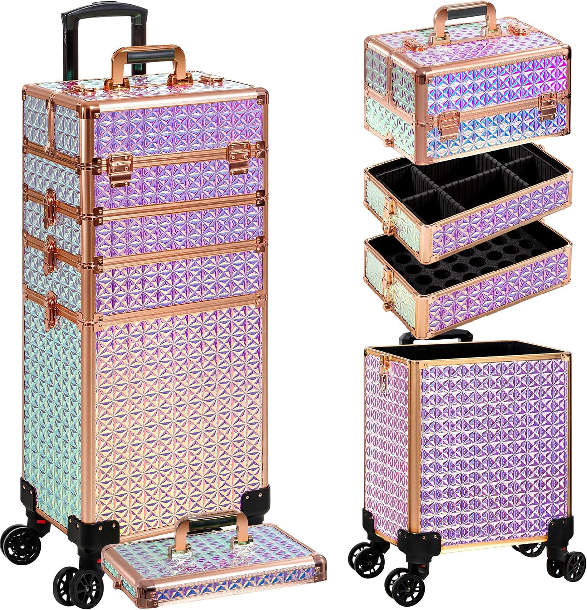 5 in 1 Rolling Makeup Train Case Cosmetology Case on Wheels Large Cosmetic Organizer Travel Cart for Hairstylist Artist Nail Beauty Salon Barber,White