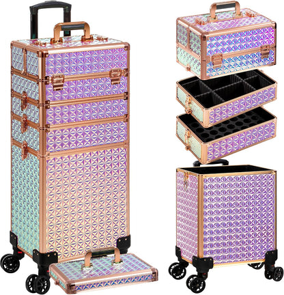 5 in 1 Rolling Makeup Train Case Cosmetology Case on Wheels Large Cosmetic Organizer Travel Cart for Hairstylist Artist Nail Beauty Salon Barber,White