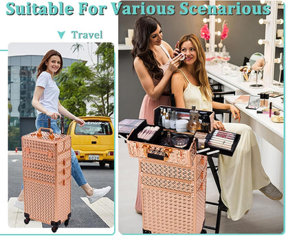 5 in 1 Rolling Makeup Train Case Cosmetology Case on Wheels Large Cosmetic Organizer Travel Cart for Hairstylist Artist Nail Beauty Salon Barber,White