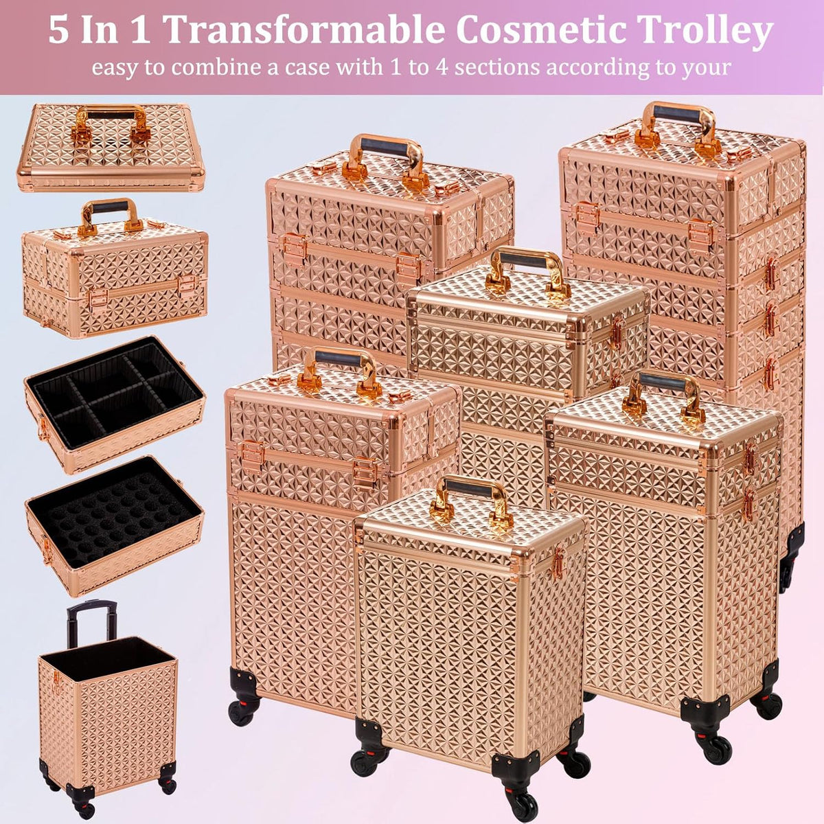 5 in 1 Rolling Makeup Train Case Cosmetology Case on Wheels Large Cosmetic Organizer Travel Cart for Hairstylist Artist Nail Beauty Salon Barber,White