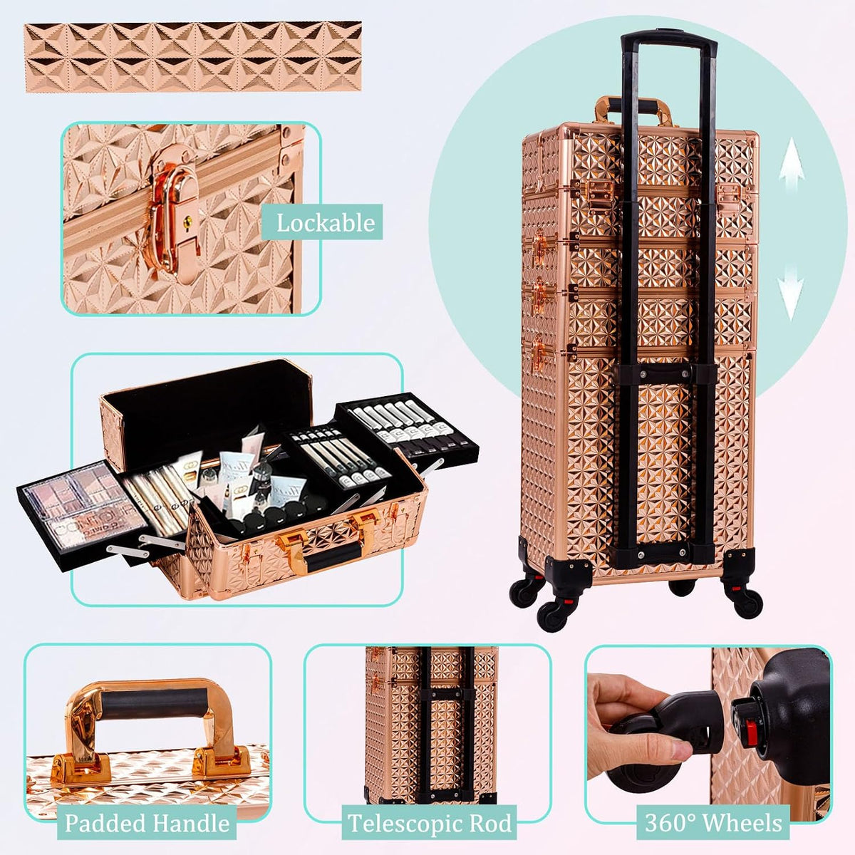 5 in 1 Rolling Makeup Train Case Cosmetology Case on Wheels Large Cosmetic Organizer Travel Cart for Hairstylist Artist Nail Beauty Salon Barber,White