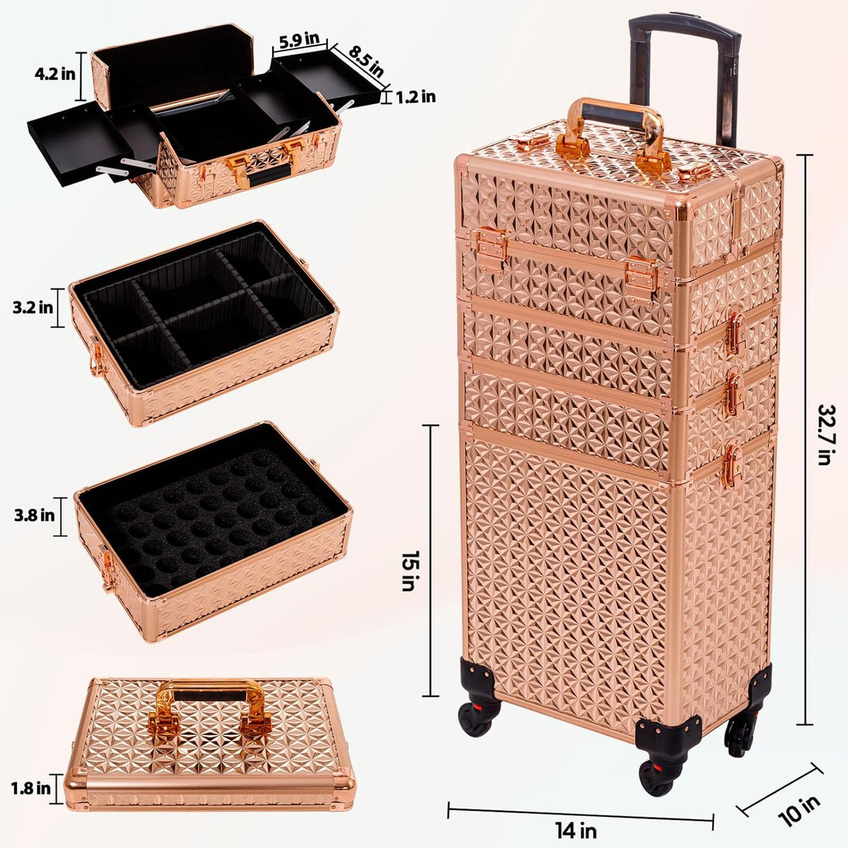 5 in 1 Rolling Makeup Train Case Cosmetology Case on Wheels Large Cosmetic Organizer Travel Cart for Hairstylist Artist Nail Beauty Salon Barber,White