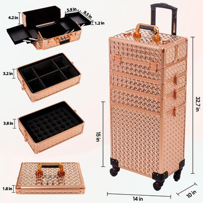 5 in 1 Rolling Makeup Train Case Cosmetology Case on Wheels Large Cosmetic Organizer Travel Cart for Hairstylist Artist Nail Beauty Salon Barber,White