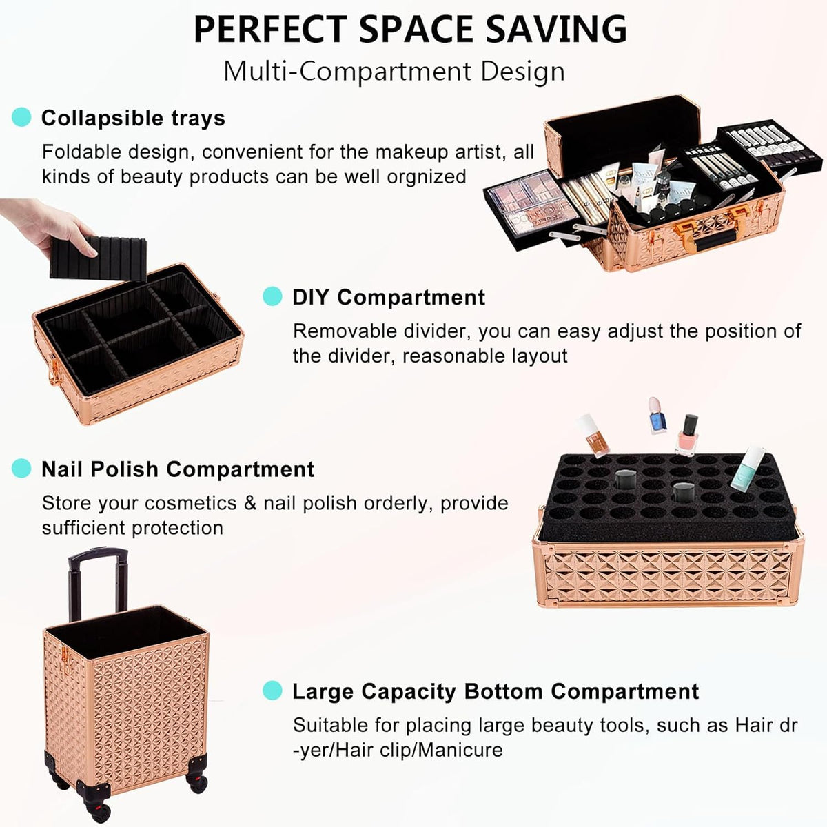 5 in 1 Rolling Makeup Train Case Cosmetology Case on Wheels Large Cosmetic Organizer Travel Cart for Hairstylist Artist Nail Beauty Salon Barber,White