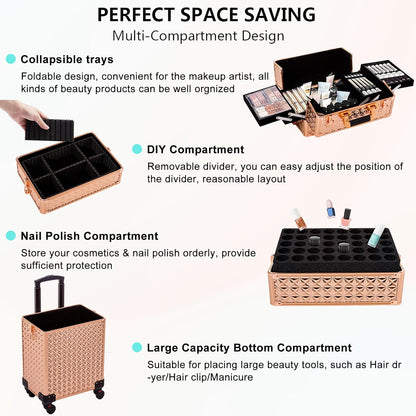 5 in 1 Rolling Makeup Train Case Cosmetology Case on Wheels Large Cosmetic Organizer Travel Cart for Hairstylist Artist Nail Beauty Salon Barber,White