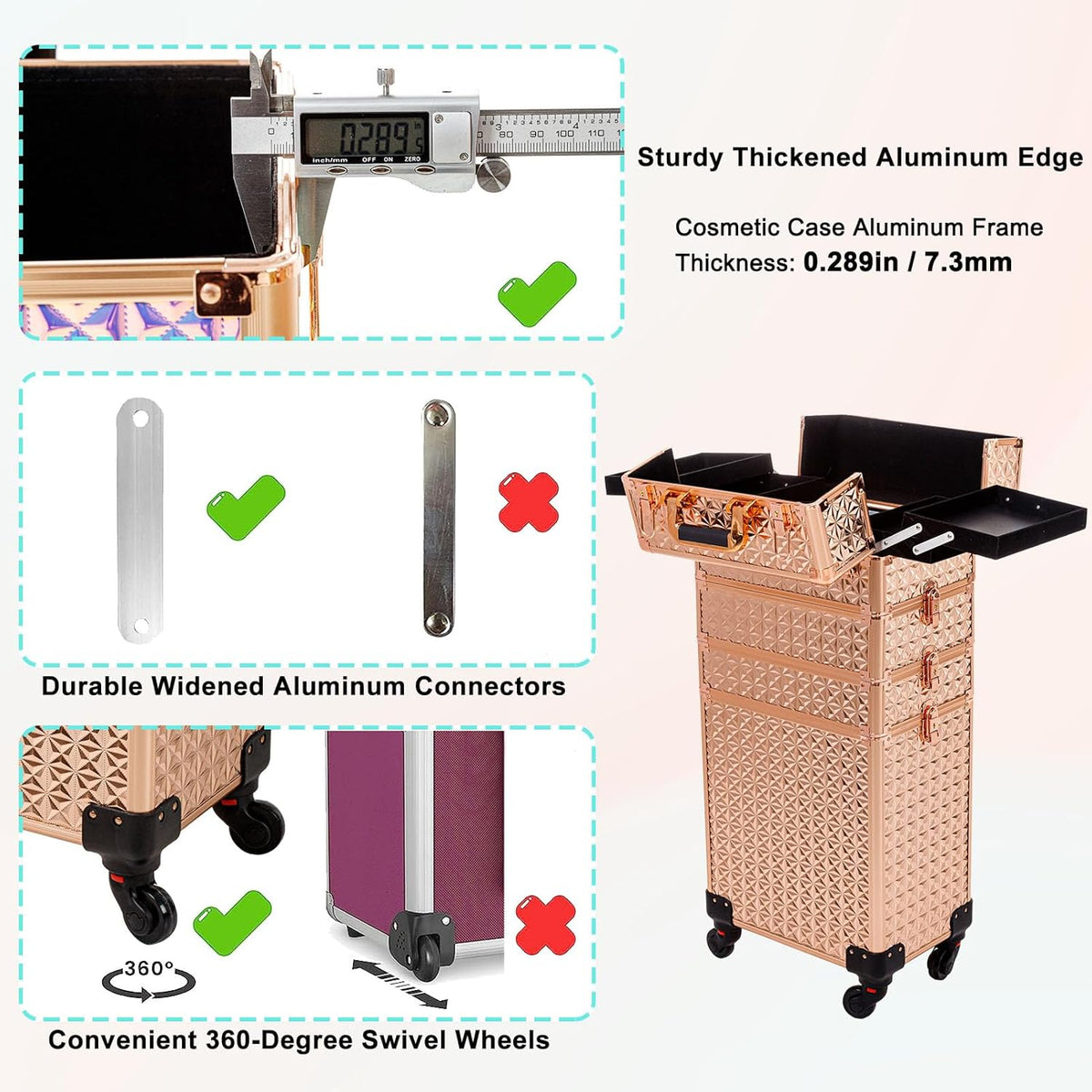 5 in 1 Rolling Makeup Train Case Cosmetology Case on Wheels Large Cosmetic Organizer Travel Cart for Hairstylist Artist Nail Beauty Salon Barber,White