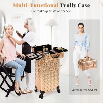 5 in 1 Rolling Makeup Train Case Cosmetology Case on Wheels Large Cosmetic Organizer Travel Cart for Hairstylist Artist Nail Beauty Salon Barber,White
