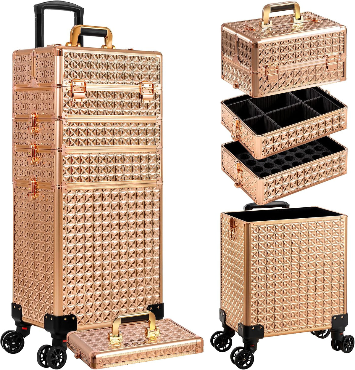 5 in 1 Rolling Makeup Train Case Cosmetology Case on Wheels Large Cosmetic Organizer Travel Cart for Hairstylist Artist Nail Beauty Salon Barber,White