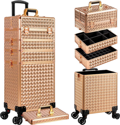 5 in 1 Rolling Makeup Train Case Cosmetology Case on Wheels Large Cosmetic Organizer Travel Cart for Hairstylist Artist Nail Beauty Salon Barber,White
