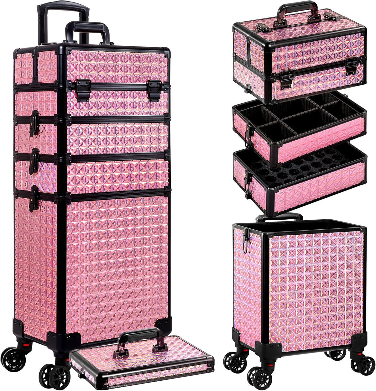 5 in 1 Rolling Makeup Train Case Cosmetology Case on Wheels Large Cosmetic Organizer Travel Cart for Hairstylist Artist Nail Beauty Salon Barber,White