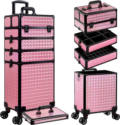 5 in 1 Rolling Makeup Train Case Cosmetology Case on Wheels Large Cosmetic Organizer Travel Cart for Hairstylist Artist Nail Beauty Salon Barber,White