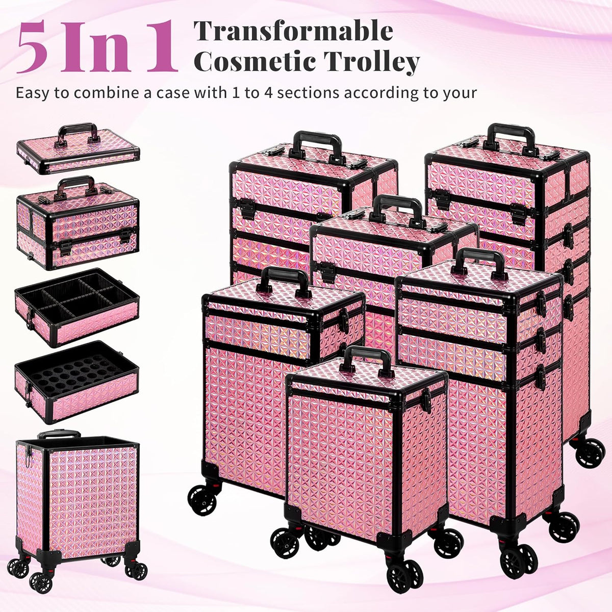 5 in 1 Rolling Makeup Train Case Cosmetology Case on Wheels Large Cosmetic Organizer Travel Cart for Hairstylist Artist Nail Beauty Salon Barber,White